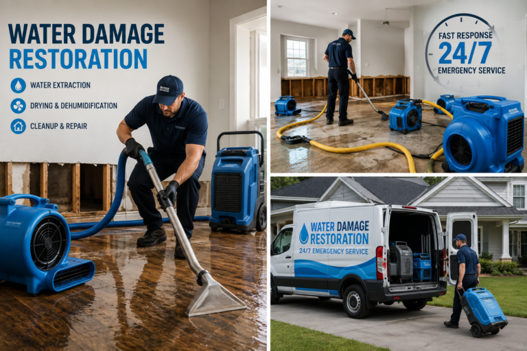 Water damage restoration team drying and repairing a flooded home